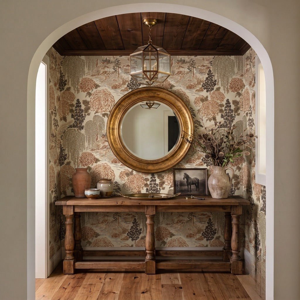 Entry vignette with chinoiserie wallpaper, console, and gilt mirror