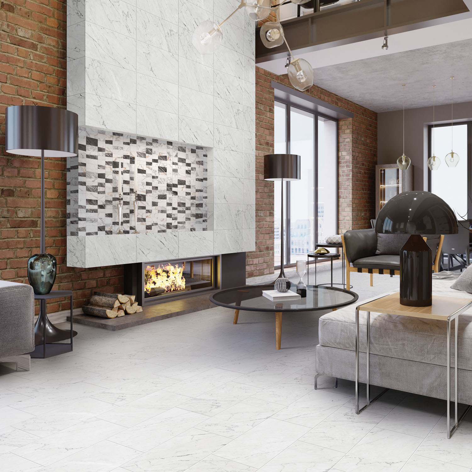Loft living room with a bookmatched marble fireplace, exposed brick, and modern furnishings