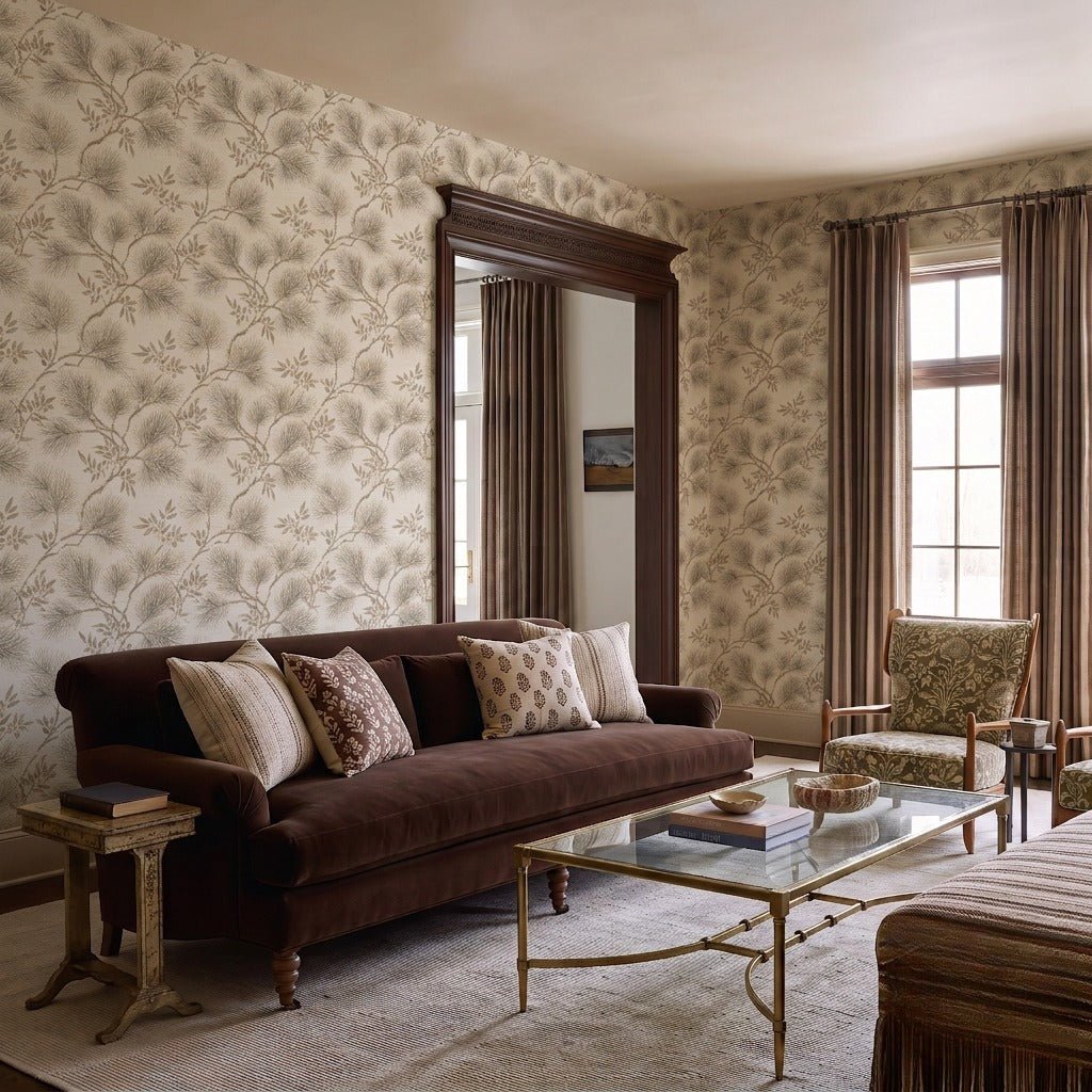 Living room with brown velvet sofa and botanical feature wallpaper
